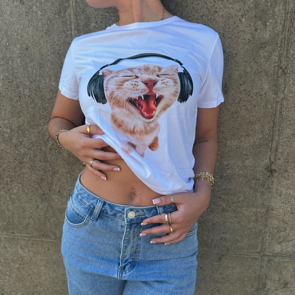 White Cat Headphones T-Shirt